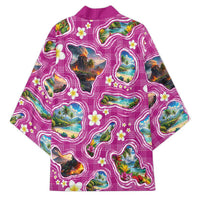 Hawaiian Island Shapes-Iconic Landscape Kimono with Plumeria and Palaka Pink Color