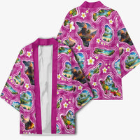 Hawaiian Island Shapes-Iconic Landscape Kimono with Plumeria and Palaka Pink Color