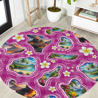 Hawaiian Island Shapes-Iconic Landscape Round Carpet with Plumeria and Palaka Pink Color