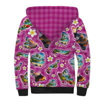 Hawaiian Island Shapes-Iconic Landscape Sherpa Hoodie with Plumeria and Palaka Pink Color