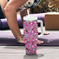 Hawaiian Island Shapes-Iconic Landscape Tumbler With Handle with Plumeria and Palaka Pink Color