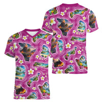 Hawaiian Island Shapes-Iconic Landscape Women V-Neck T-Shirt with Plumeria and Palaka Pink Color