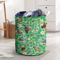 Hawaii Map with Plumeria Flower and Palaka Pattern Laundry Basket Tropical Island Green Design LT03 Green - Polynesian Pride