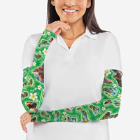 Hawaii Map with Plumeria Flower and Palaka Pattern Arm Sleeves Tropical Island Green Design LT03 - Polynesian Pride