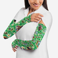 Hawaii Map with Plumeria Flower and Palaka Pattern Arm Sleeves Tropical Island Green Design LT03 - Polynesian Pride