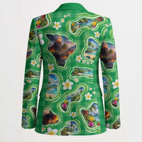 Hawaii Map with Plumeria Flower and Palaka Pattern Blazer Tropical Island Green Design LT03 - Polynesian Pride