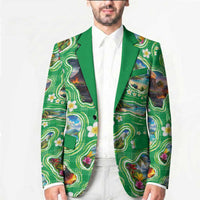 Hawaii Map with Plumeria Flower and Palaka Pattern Blazer Tropical Island Green Design LT03 - Polynesian Pride
