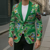 Hawaii Map with Plumeria Flower and Palaka Pattern Blazer Tropical Island Green Design LT03 - Polynesian Pride