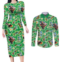 Hawaii Map with Plumeria Flower and Palaka Pattern Couples Matching Long Sleeve Bodycon Dress and Long Sleeve Button Shirt Tropical Island Green Design