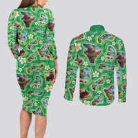 Hawaii Map with Plumeria Flower and Palaka Pattern Couples Matching Long Sleeve Bodycon Dress and Long Sleeve Button Shirt Tropical Island Green Design