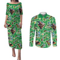 Hawaii Map with Plumeria Flower and Palaka Pattern Couples Matching Puletasi and Long Sleeve Button Shirt Tropical Island Green Design LT03 Green - Polynesian Pride