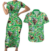 Hawaii Map with Plumeria Flower and Palaka Pattern Couples Matching Short Sleeve Bodycon Dress and Hawaiian Shirt Tropical Island Green Design