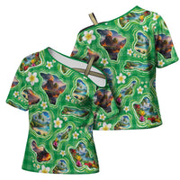 Hawaii Map with Plumeria Flower and Palaka Pattern Cross Shoulder Shirt Tropical Island Green Design LT03 - Polynesian Pride