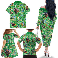 Hawaii Map with Plumeria Flower and Palaka Pattern Family Matching Off The Shoulder Long Sleeve Dress and Hawaiian Shirt Tropical Island Green Design