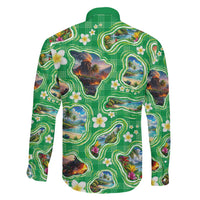 Hawaii Map with Plumeria Flower and Palaka Pattern Family Matching Off The Shoulder Long Sleeve Dress and Hawaiian Shirt Tropical Island Green Design