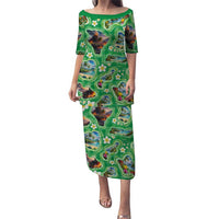 Hawaii Map with Plumeria Flower and Palaka Pattern Family Matching Puletasi and Hawaiian Shirt Tropical Island Green Design