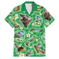 Hawaii Map with Plumeria Flower and Palaka Pattern Family Matching Short Sleeve Bodycon Dress and Hawaiian Shirt Tropical Island Green Design