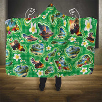 Hawaii Map with Plumeria Flower and Palaka Pattern Hooded Blanket Tropical Island Green Design LT03 - Polynesian Pride
