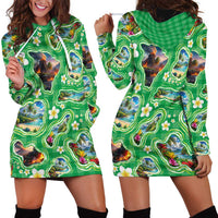 Hawaii Map with Plumeria Flower and Palaka Pattern Hoodie Dress Tropical Island Green Design LT03 - Polynesian Pride