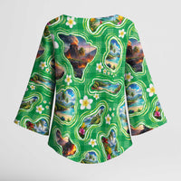 Hawaii Map with Plumeria Flower and Palaka Pattern Kimono Sleeve Blouse Tropical Island Green Design LT03 - Polynesian Pride