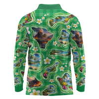 Hawaii Map with Plumeria Flower and Palaka Pattern Long Sleeve Polo Shirt Tropical Island Green Design LT03 - Polynesian Pride