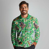 Hawaii Map with Plumeria Flower and Palaka Pattern Long Sleeve Polo Shirt Tropical Island Green Design LT03 - Polynesian Pride