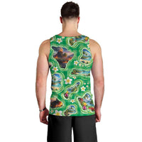 Hawaii Map with Plumeria Flower and Palaka Pattern Men Tank Top Tropical Island Green Design LT03 - Polynesian Pride