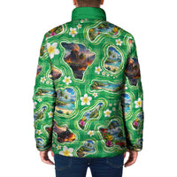 Hawaii Map with Plumeria Flower and Palaka Pattern Padded Jacket Tropical Island Green Design LT03 - Polynesian Pride