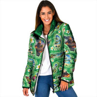 Hawaii Map with Plumeria Flower and Palaka Pattern Padded Jacket Tropical Island Green Design LT03 Women Green - Polynesian Pride