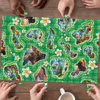Hawaii Map with Plumeria Flower and Palaka Pattern Puzzle Tropical Island Green Design LT03 - Polynesian Pride
