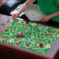 Hawaii Map with Plumeria Flower and Palaka Pattern Puzzle Tropical Island Green Design LT03 - Polynesian Pride