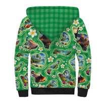 Hawaii Map with Plumeria Flower and Palaka Pattern Sherpa Hoodie Tropical Island Green Design LT03 - Polynesian Pride