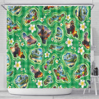 Hawaii Map with Plumeria Flower and Palaka Pattern Shower Curtain Tropical Island Green Design LT03 - Polynesian Pride