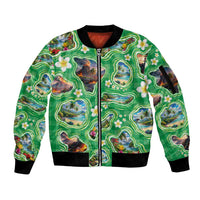 Hawaii Map with Plumeria Flower and Palaka Pattern Sleeve Zip Bomber Jacket Tropical Island Green Design LT03 Unisex Green - Polynesian Pride