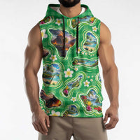Hawaii Map with Plumeria Flower and Palaka Pattern Sleeveless Hoodie Tropical Island Green Design LT03 - Polynesian Pride