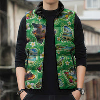 Hawaii Map with Plumeria Flower and Palaka Pattern Sleeveless Puffer Jacket Tropical Island Green Design LT03 - Polynesian Pride