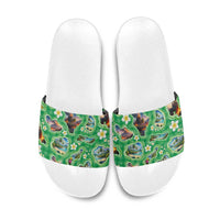 Hawaii Map with Plumeria Flower and Palaka Pattern Slide Sandals Tropical Island Green Design LT03 Green - Polynesian Pride