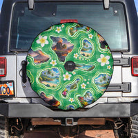 Hawaii Map with Plumeria Flower and Palaka Pattern Spare Tire Cover Tropical Island Green Design LT03 Green - Polynesian Pride