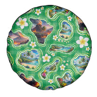 Hawaii Map with Plumeria Flower and Palaka Pattern Spare Tire Cover Tropical Island Green Design LT03 - Polynesian Pride