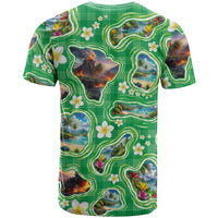 Hawaii Map with Plumeria Flower and Palaka Pattern T Shirt Tropical Island Green Design LT03 - Polynesian Pride