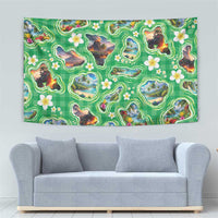 Hawaii Map with Plumeria Flower and Palaka Pattern Tapestry Tropical Island Green Design LT03 - Polynesian Pride