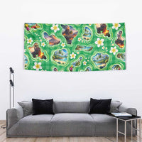 Hawaii Map with Plumeria Flower and Palaka Pattern Tapestry Tropical Island Green Design LT03 - Polynesian Pride