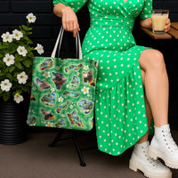 Hawaii Map with Plumeria Flower and Palaka Pattern Tote Bag Tropical Island Green Design LT03 - Polynesian Pride