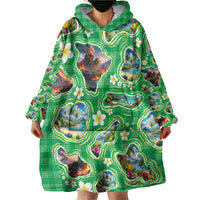 Hawaii Map with Plumeria Flower and Palaka Pattern Wearable Blanket Hoodie Tropical Island Green Design LT03 - Polynesian Pride