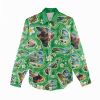 Hawaii Map with Plumeria Flower and Palaka Pattern Women Casual Shirt Tropical Island Green Design LT03 - Polynesian Pride
