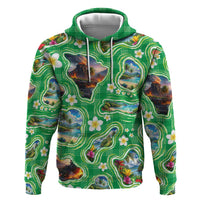 Hawaii Map with Plumeria Flower and Palaka Pattern Zip Hoodie Tropical Island Green Design LT03 Pullover Hoodie Green - Polynesian Pride