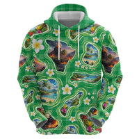 Hawaii Map with Plumeria Flower and Palaka Pattern Zip Hoodie Tropical Island Green Design LT03 - Polynesian Pride