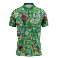 Hawaii Map with Plumeria Flower and Palaka Pattern Zipper Polo Shirt Tropical Island Green Design LT03 Green - Polynesian Pride