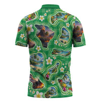 Hawaii Map with Plumeria Flower and Palaka Pattern Zipper Polo Shirt Tropical Island Green Design LT03 - Polynesian Pride