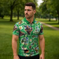 Hawaii Map with Plumeria Flower and Palaka Pattern Zipper Polo Shirt Tropical Island Green Design LT03 - Polynesian Pride